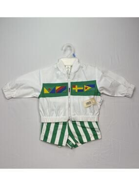 Vintage Baby Outfit 12 Months NWT Green Stripe Shorts Set Flags Retro